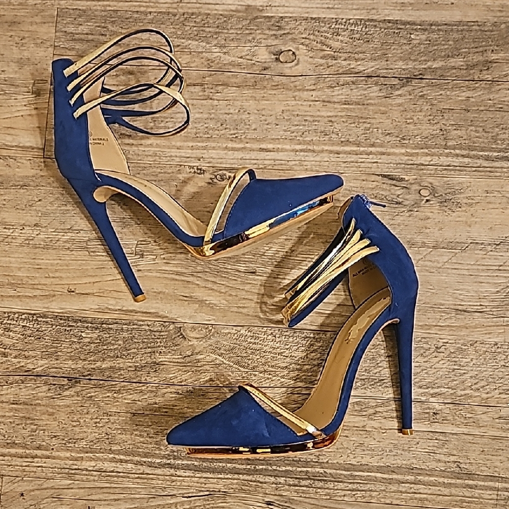 Navy Suede Pointed-Toe Stiletto Heels with Gold Trim